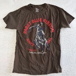 Pabst Blue Ribbon T-Shirt Mens M Brown Graphic Rodeo Cowboy Short Sleeve